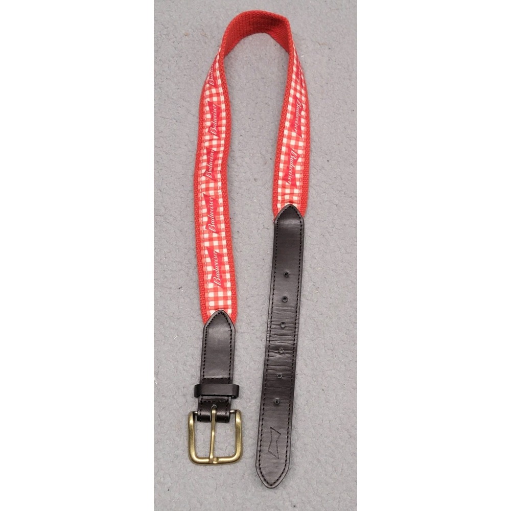 Budweiser Belt Mens 32 Brown Leather Red Canvas Gold Tone Brass Buckle Souvenir